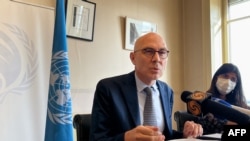 FILE - New U.N. High Commissioner for Human Rights Volker Tuerk addresses a press conference at the Palais Wilson in Geneva, Nov. 2, 2022. Tuerk is calling for a resumption of a U.N.-mediated truce in Yemen.
