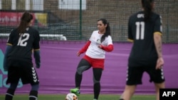 FILE - Former Afghanistan women's football captain Khalida Popal attends a training session in south London, April 09, 2018.