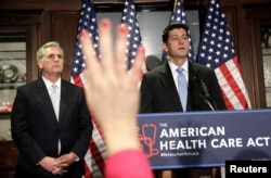 FILE - House Speaker Paul Ryan and House Majority Leader Kevin McCarthy answer questions about the American Health Care Act, the Republican replacement to Obamacare, at the Republican National Committee in Washington, March 8, 2017.