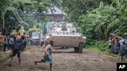 FILE - MONUSCO blue helmet deployed near Kibumba, north of Goma, Democratic Republic of Congo, on Jan. 28, 2022.
