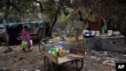 Seorang perempuan membawa ember untuk mengambil air dari keran umum di daerah kumuh di New Delhi, India, 17 Januari 2016. 