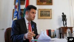 Peter Marki-Zay, the joint opposition candidate who will challenge Hungarian prime minister Viktor Orban in next spring's elections, speaks during an interview with the Associated Press in Hodmezovasarhely, Hungary, Nov. 17, 2021. 
