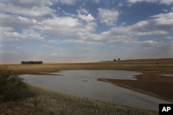 Shows the almost dried-up local dam in Senekal, South Africa where taps and water sources have run dry. Senekal, a small town in South Africa’s rural Free State province, is one of four regions declared disaster areas, Jan. 7, 2016.