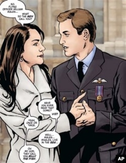 Photo of an illustration for the comic book " Kate and William: A Very Public Love Affair" . 2011 photo.