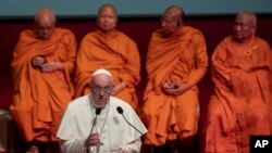Pope Francis delivers a speech during a meeting of religious leaders at the Chulalongkorn University, Nov. 22, 2019, in Bangkok, Thailand. 