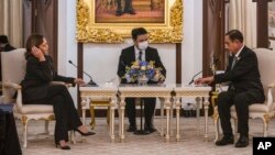 U.S. Vice President Kamala Harris, left, meets with Thai Prime Minister Prayut Chan-ocha at the Government House in Bangkok, Thailand, Nov. 19, 2022.