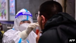 FILE - A medical worker takes a swab sample to be tested for COVID from a high school student as he prepares to take the 'Gaokao' or college entrance examinations in China, in Shenyang in China's northeastern Liaoning province, June 6, 2022. 