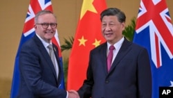 Australian Prime Minister Anthony Albanese, left, meets Chinese President Xi Jinping on the sidelines of the G-20 summit in Nusa Dua, Bali, Indonesia, Nov. 15, 2022. 
