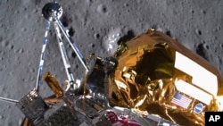 This image provided by Intuitive Machines Feb. 27, 2024 shows its Odysseus lunar lander over the south pole region of the Moon. (Intuitive Machines via AP)