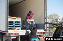 FILE - A USDA Food Distribution Program on Indian Reservations client receives food being distributed at a housing complex in Porum, OK, Nov. 18, 2016.