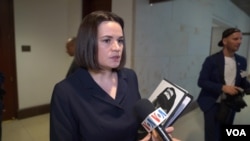 A screenshot from a March 25, 2023 interview Belarus opposition leader Sviatlana Tsikhanouskaya had with VOA's Russian Service.