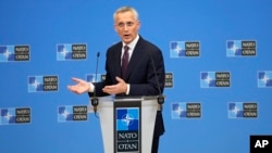 NATO Secretary General Jens Stoltenberg speaks during a pre-ministerial media conference at NATO headquarters in Brussels, June 14, 2023.