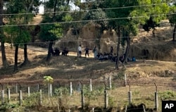 FILE - Members of Myanmar Border Guard Police, in civilian clothing, sit under the shade of trees after abandoning their posts following fighting between Myanmar security forces and the Arakan Army as Bangladesh border guards stand guard in Bangladesh, Feb. 5, 2024.