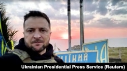 Photo from Ukrainian Presidential Press Service, Ukraine President Volodymyr Zelenskyy visits Snake Island, Ukraine marking the 500th day of Russia's invasion of his country, July 8, 2023. 