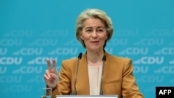 European Commission President Ursula von der Leyen gestures as she addresses a press conference following a leadership meeting of the CDU party in Berlin, Feb. 19, 2024. She announced her bid for a second term as chief of the European Commission.