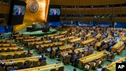 Chinese Vice President Han Zheng addresses the 78th session of the United Nations General Assembly, Sept. 21, 2023 at United Nations headquarters.