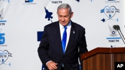 Israeli Prime Minister Benjamin Netanyahu attends a graduation ceremony for new pilots in Hatzerim Airbase near Beersheba, Israel, June 29, 2023. He said at the base that Israel was working to thwart attempts by Iran and its proxies to attack Israel.