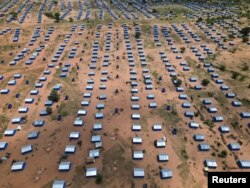 An aerial view of refugee camp of Sudanese people, who fled the conflict in Geneina in Sudan's Darfur region, in Ourang on the outskirts of Adre, Chad, July 25, 2023.