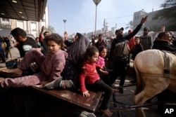 FILE - Palestinians wounded during the Israeli bombardment of the Gaza Strip are brought over a donkey cart to the Nasser hospital in Khan Younis, Southern Gaza Strip, Jan. 22, 2024.