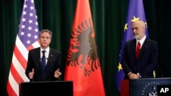 U.S. Secretary of State Antony Blinken, left, and Albania's Prime Minister Edi Rama hold a press conference in Tirana, Albania, Feb. 15, 2024.