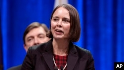 FILE - Secretary of State Shenna Bellows speaks at an event, Jan. 4, 2023, in Augusta, Maine.