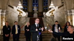 Ukrainian Ambassador-at-large Anton Korynevych addresses the media in The Hague, Netherlands, Feb. 2, 2024.