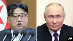 FILE - This combination of photos shows North Korean leader Kim Jong Un, left, and Russian President Vladimir Putin.