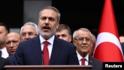 FILE - Turkey's Foreign Minister Hakan Fidan speaks during a ceremony in Ankara, Turkey, June 5, 2023. At a news conference in Istanbul, Fidan said a second round of talks between Somalia and Ethiopia will take place in Ankara next week.
