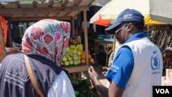 World Food Program officials look at fruit and vegetables in Zimbabwe's Chinhoyi district on June 12, 2024. Zimbabweans are trying to raise funds for survival as the country deals with an El Nino-induced drought. (Columbus Mavhunga/VOA)