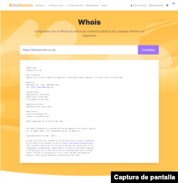 Captura de los resultados arrojados por Whois.