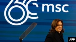 U.S. Vice President Kamala Harris leaves the stage after delivering her speech during the opening of the 60th Munich Security Conference at the Bayerischer Hof Hotel in Munich, Germany, on Feb. 16, 2024.