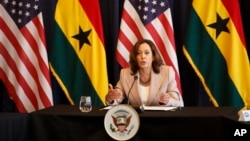 US Vice President Kamala Harris conducts a roundtable of women entrepreneurs to discuss economic empowerment, inclusion, and leadership in Accra, Ghana, March 29, 2023.