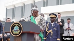 FILE - Liberia's President Joseph Boakai speaks after he was sworn in during the inauguration ceremony in Monrovia, Jan. 22, 2024.