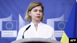 FILE - Ukraine's Deputy Prime Minister for European and Euro-Atlantic Integration Olha Stefanishyna speaks during a press conference on new European Innovation Council support for tech startups from Ukraine on June 9, 2022 in Brussels.