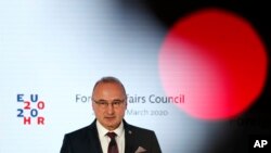 FILE - Croatia's foreign minister Gordan Grlic-Radman speaks during a press conference in Zagreb, March 6, 2020.