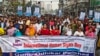Gono Odhikar Parishad, an opposition political party, leads a rally to protest the unlawful arrest of opposition activists and other violations of rights in the country, in Dhaka on Human Rights Day, Dec. 10, 2023. (Golam Quddus for VOA)