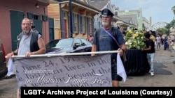 A second line parade in New Orleans, Louisiana, memorializes the deadly 1973 arson at the city's UpStairs Lounge. Many New Orleanians are only learning about the fire via events such as this one. Photo provided by the LGBT+ Archives Project of Louisiana.