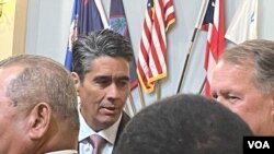 Surangel W. Whipps Jr., President of Palau, center, at a U.S. congressional hearing on July 18, 2023. (Natalie Liu/VOA)