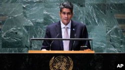 FILE - Palau President Surangel Whipps Jr. addresses the 78th session of the United Nations General Assembly, Sept. 19, 2023, at U.N. headquarters.
