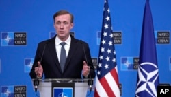 White House national security adviser Jake Sullivan addresses a media conference at NATO headquarters in Brussels, Feb. 7, 2024.