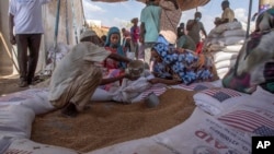 FILE - Refugees collect food rations from USAID at a distribution point in eastern Sudan, March 24, 2021. 