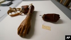A prosthetic device for a wounded US soldier, part of the new pavilion of the National World War II Museum, is shown inside an archival wing of the museum before they are put on display, in New Orleans, Sept. 29, 2023. 