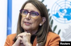 FILE - Rebeca Grynspan, secretary-general of the United Nations Conference on Trade and Development, speaks on the Black Sea Grain Initiative in Geneva, Switzerland, Dec. 15, 2022.