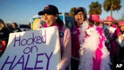 Supporters cheer for Republican presidential candidate former UN Ambassador Nikki Haley at an event at Patriots Point Naval and Maritime Museum Feb. 23, 2024, in Mount Pleasant, S.C.