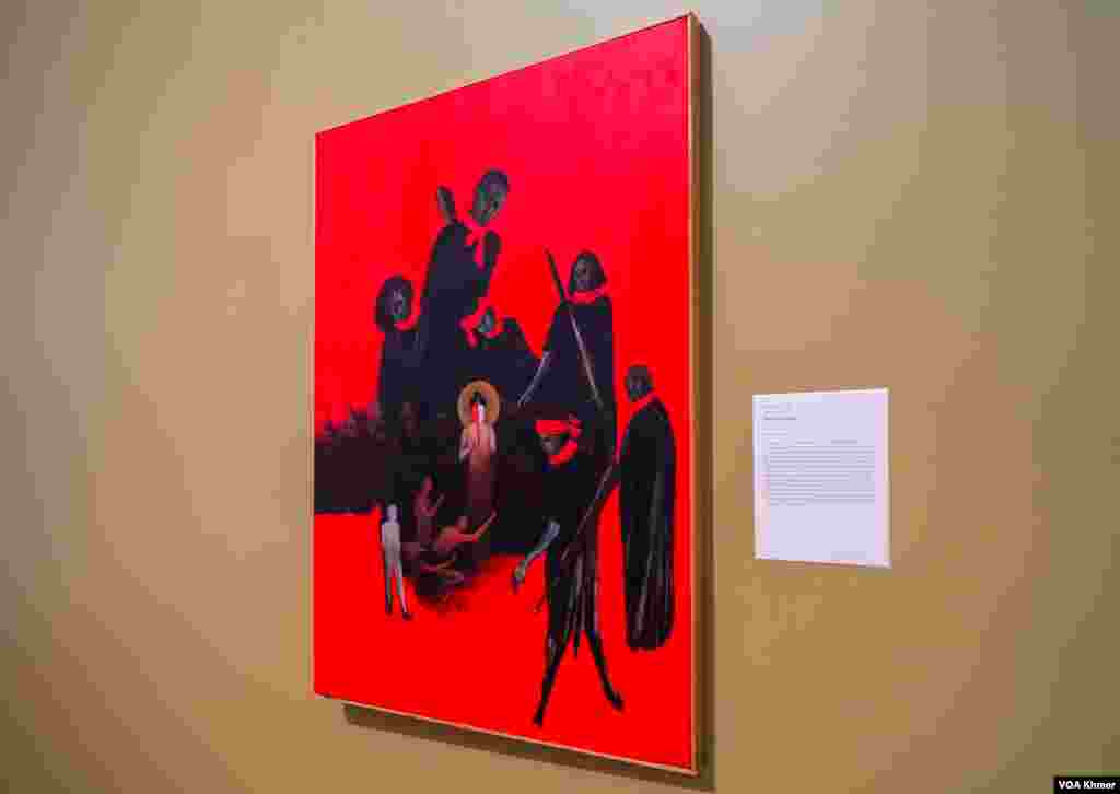 ផ្ទាំងគំនូរខ្មែរនេះត្រូវបានដាក់តាំងពិព័រណ៍នៅក្នុងវិចិត្រសាលនៃសាកលវិទ្យាល័យ Michigan ក្នុងក្រុង Ann Arbor ថ្ងៃទី ៥ ខែមេសា ឆ្នាំ២០២៤។ (នីណា យ៉េង/វីអូអេ)