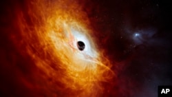 This illustration provided by the European Southern Observatory in February 2024, depicts the record-breaking quasar J059-4351. (M. Kornmesser/ESO via AP)