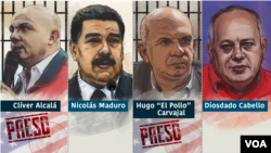 Fotocomposición realizada por la Voz de América de los 4 funcionarios venezolanos solicitados penalmente por narcoterrorismo en Estados Unidos desde marzo de 2020, 2 de los cuales se encuentran ya detenidos y procesados judicialmente en las cortes norteamericanas.