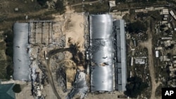 A farm storage building is seen heavily damaged after a Russian attack in Odesa region, Ukraine, July 21, 2023.