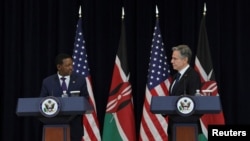 Kenya's Foreign and Diaspora Affairs Cabinet Secretary Alfred Mutua, left, and U.S. Secretary of State Antony Blinken hold a joint news conference at the State Department in Washington, April 24, 2023