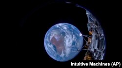 This image provided by Intuitive Machines shows its Odysseus lunar lander with the Earth in the background, Feb. 16, 2024.